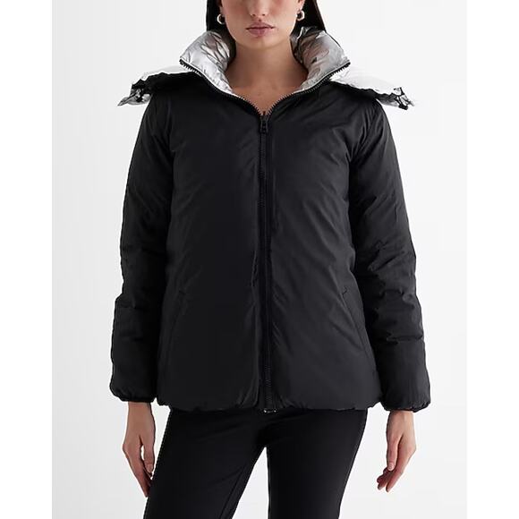 Express NWT Metallic Silver Reversible Black Hooded Full Zip Shiny Puffer Coat - Picture 3 of 13